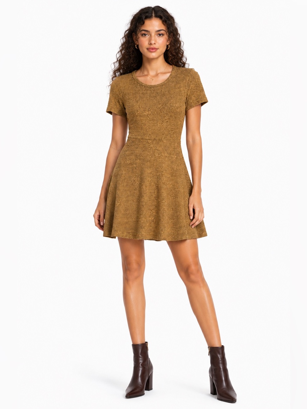 Forever 21 Textured knit Short Sleeve Skater Dress in Mustard/ moss Fall color S